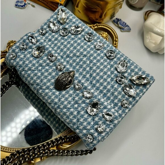 🆕 KURT GEIGER LONDON 🧿 NWOT Blue & White Houndstooth Kensington Bag, Crystals - Picture 7 of 16